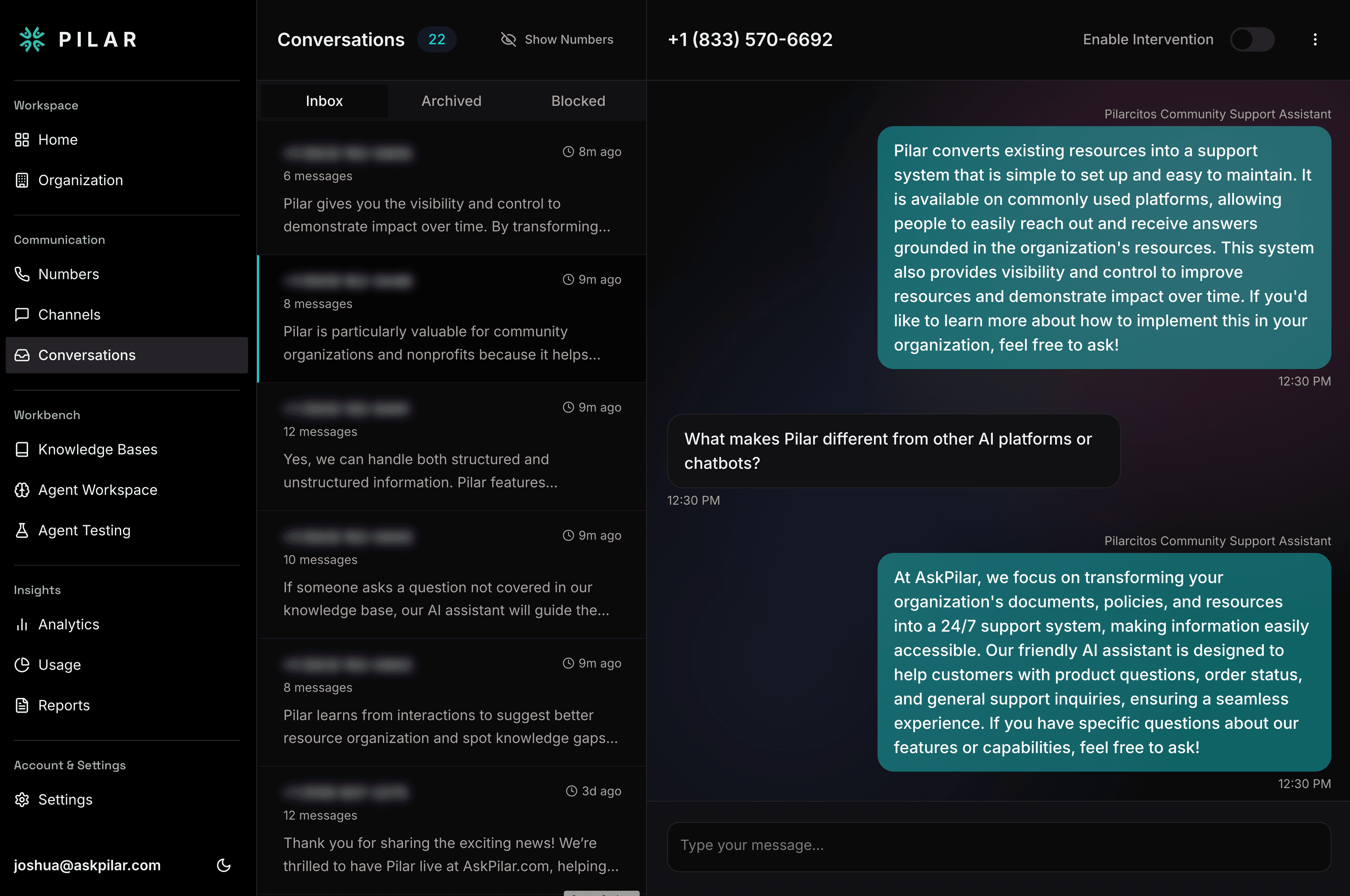 A picture of the Pilar dashboard showcasing our conversation features