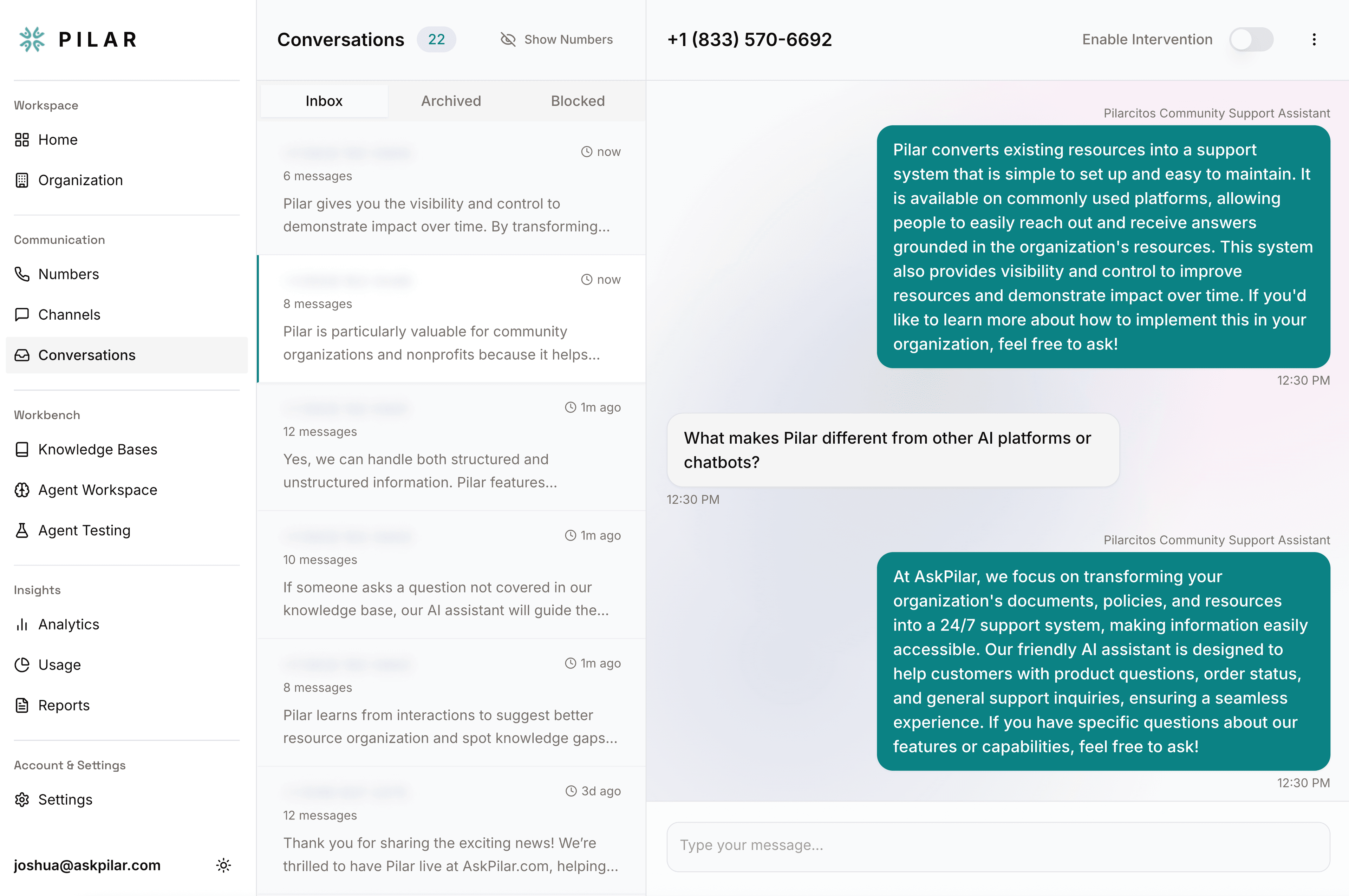 A picture of the Pilar dashboard showcasing our conversation features